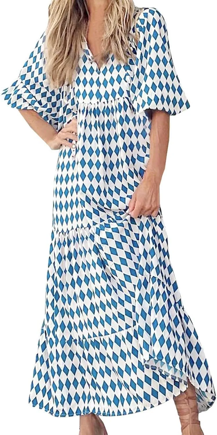 Dresses for Women Summer Boho Loose Fit Sundress Puff Half Sleeve V Neck Maxi Dress Printed Floral Dresses 2025