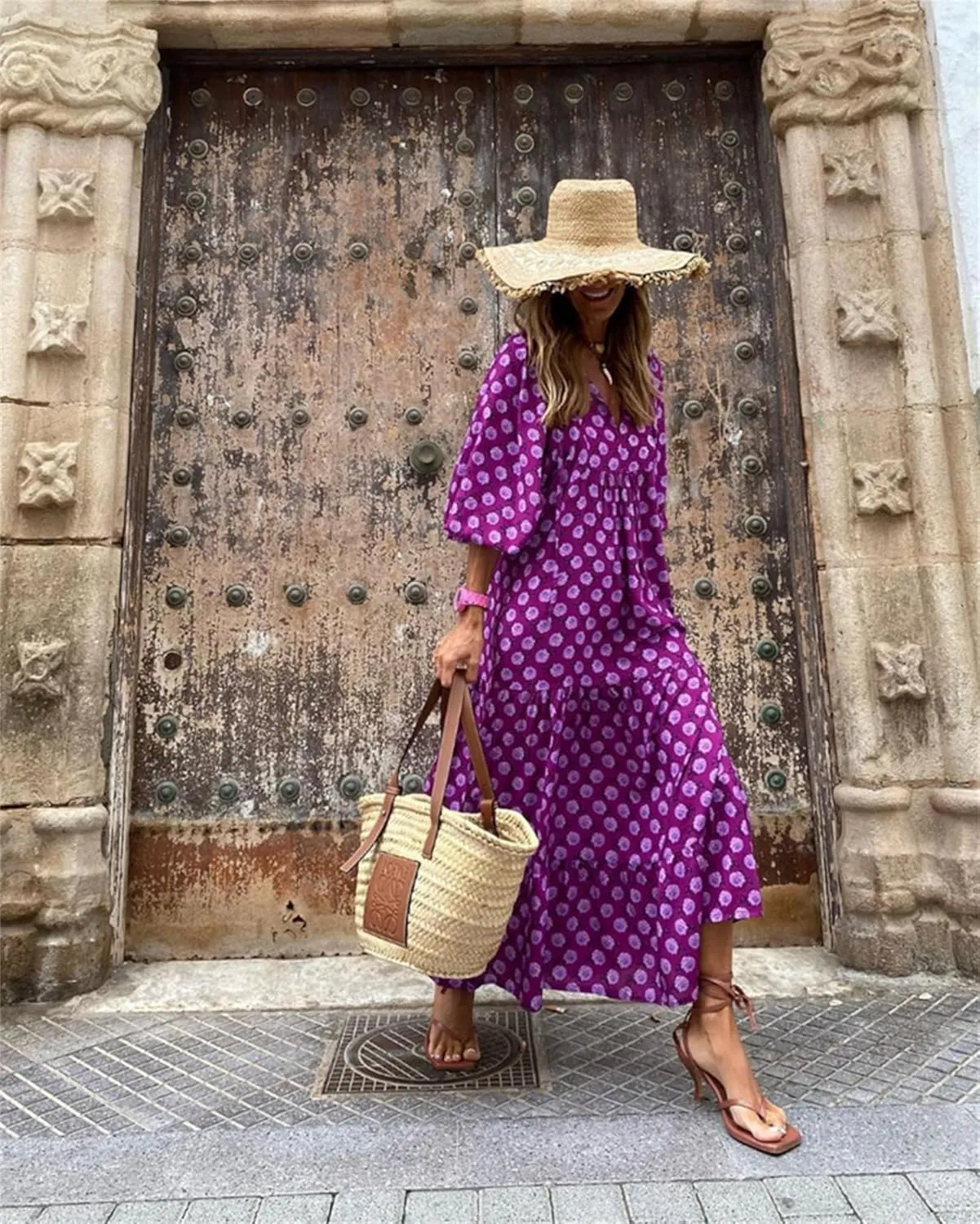 Dresses for Women Summer Boho Loose Fit Sundress Puff Half Sleeve V Neck Maxi Dress Printed Floral Dresses 2025