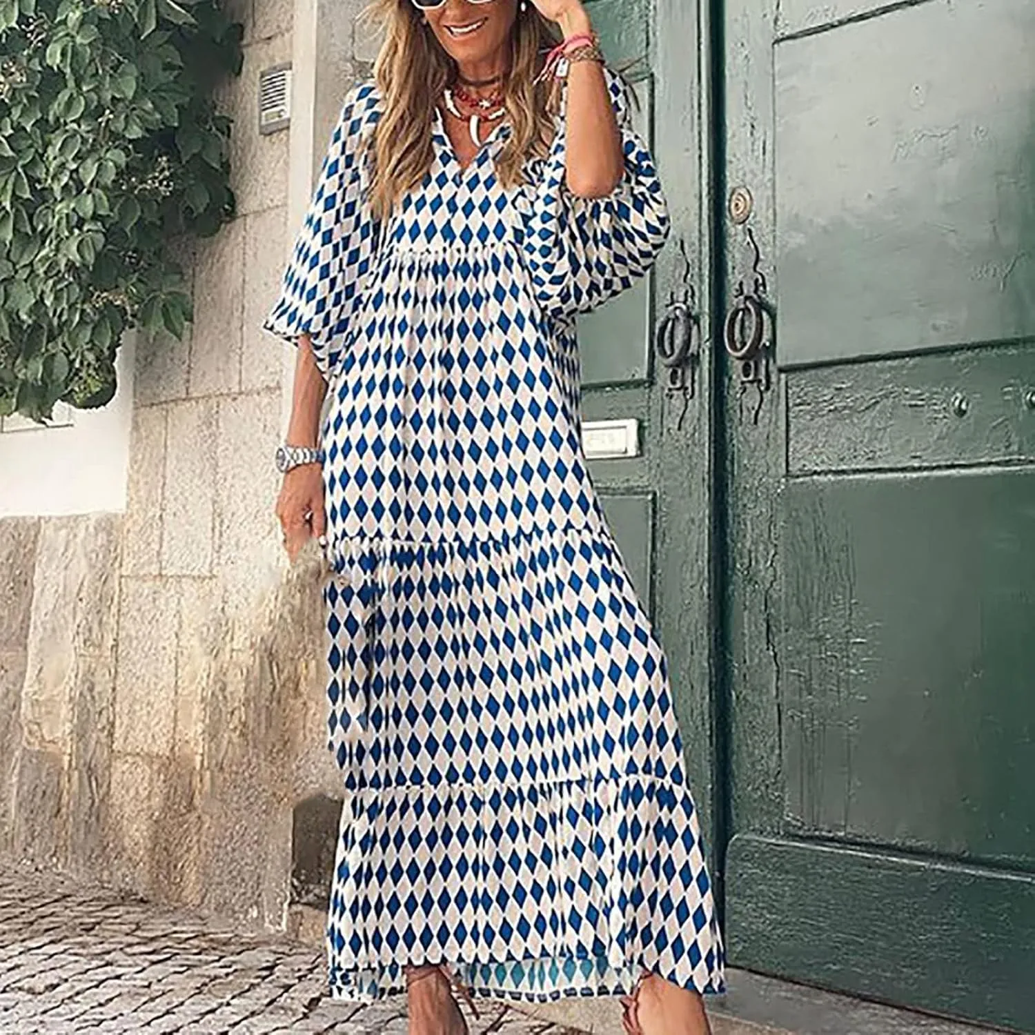 Dresses for Women Summer Boho Loose Fit Sundress Puff Half Sleeve V Neck Maxi Dress Printed Floral Dresses 2025