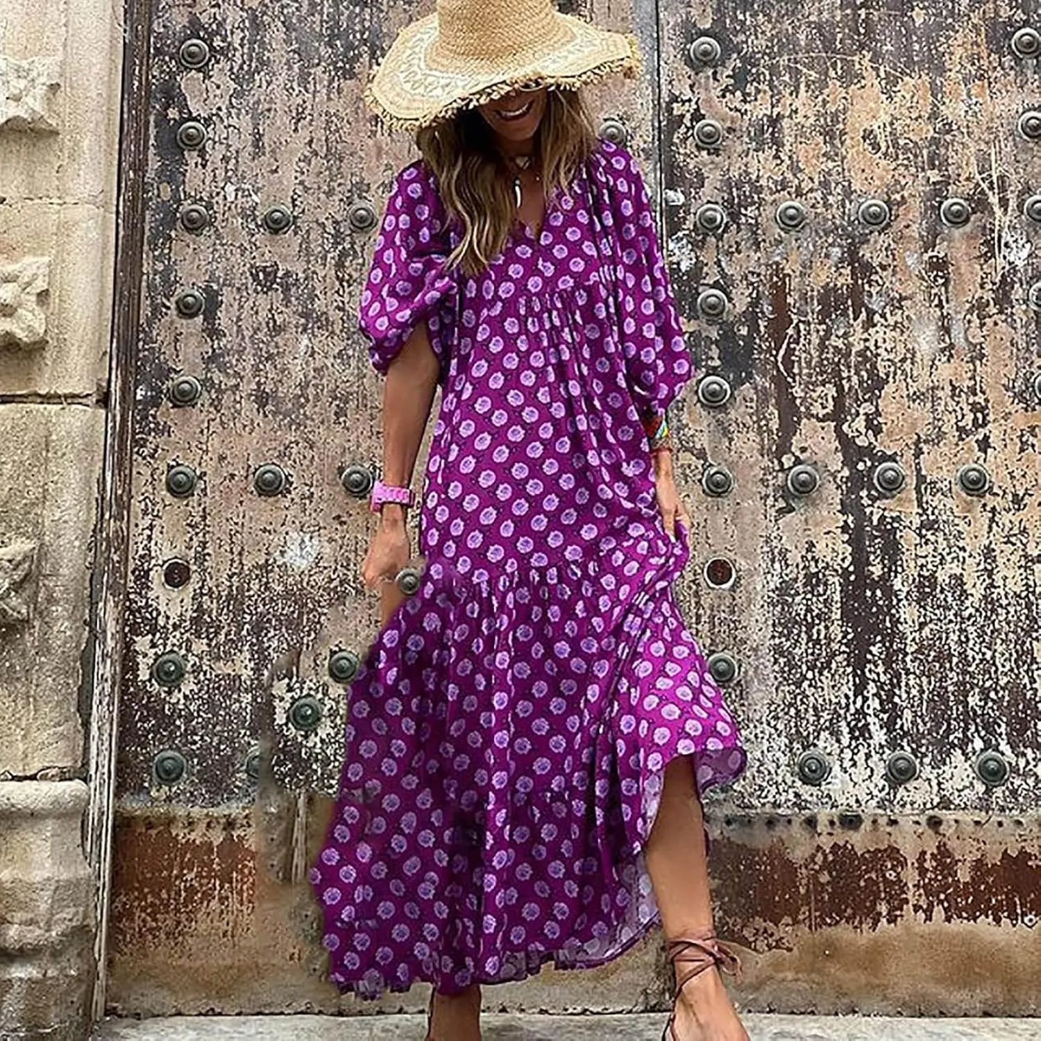 Dresses for Women Summer Boho Loose Fit Sundress Puff Half Sleeve V Neck Maxi Dress Printed Floral Dresses 2025