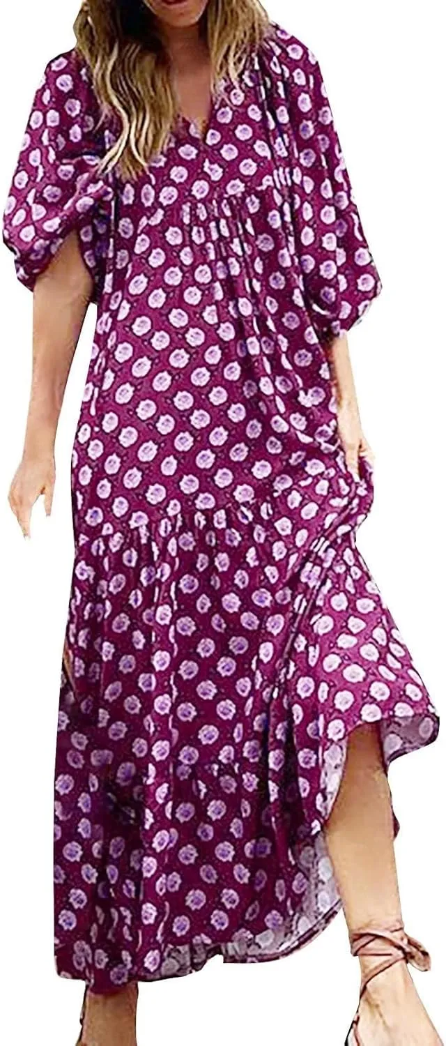 Dresses for Women Summer Boho Loose Fit Sundress Puff Half Sleeve V Neck Maxi Dress Printed Floral Dresses 2025