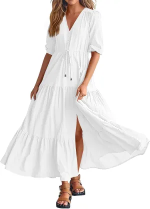 Dresses for Women Summer Short Sleeve V Neck Flowy Swing Maxi Dress Side Split Flutter Drawstring Waist Dresses