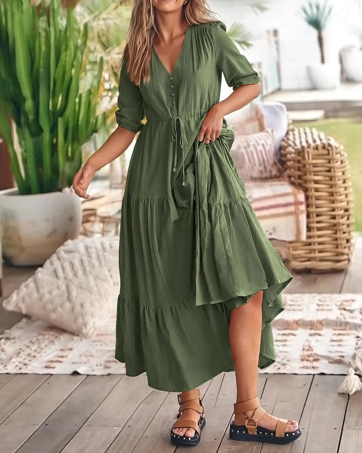 Dresses for Women Summer Short Sleeve V Neck Flowy Swing Maxi Dress Side Split Flutter Drawstring Waist Dresses