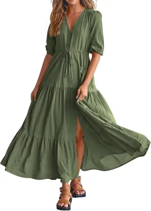 Dresses for Women Summer Short Sleeve V Neck Flowy Swing Maxi Dress Side Split Flutter Drawstring Waist Dresses