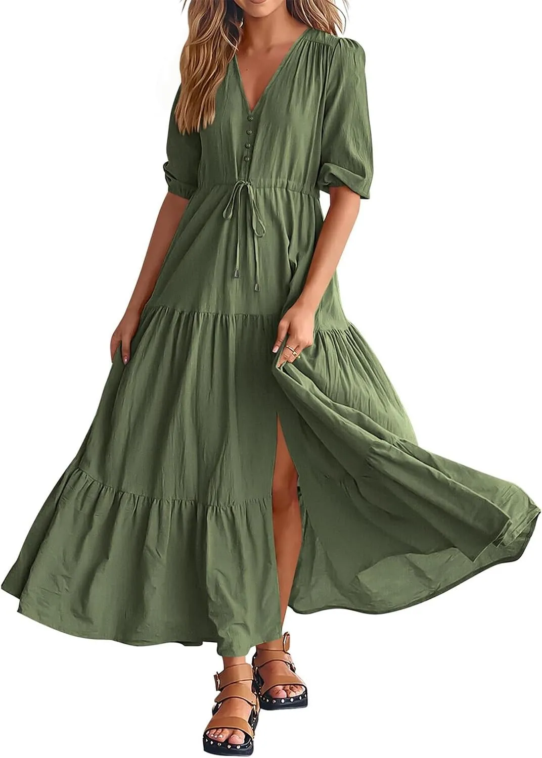 Dresses for Women Summer Short Sleeve V Neck Flowy Swing Maxi Dress Side Split Flutter Drawstring Waist Dresses