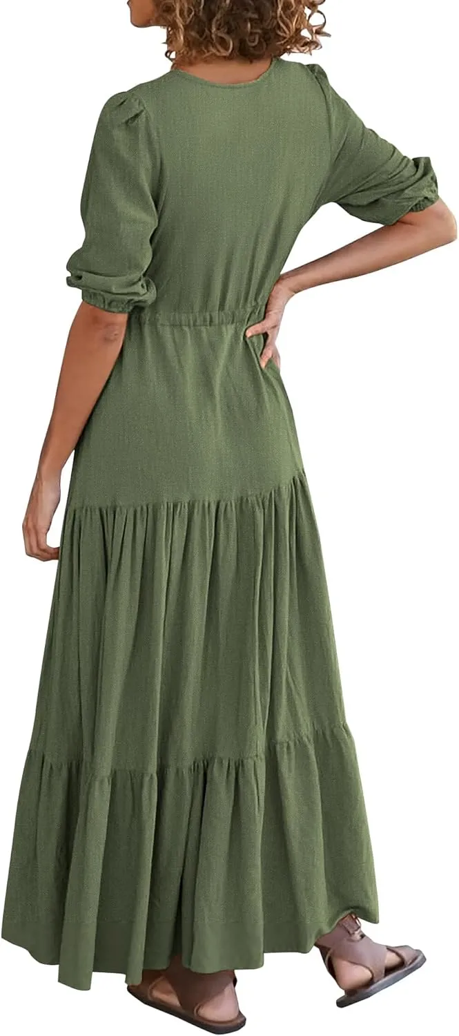 Dresses for Women Summer Short Sleeve V Neck Flowy Swing Maxi Dress Side Split Flutter Drawstring Waist Dresses