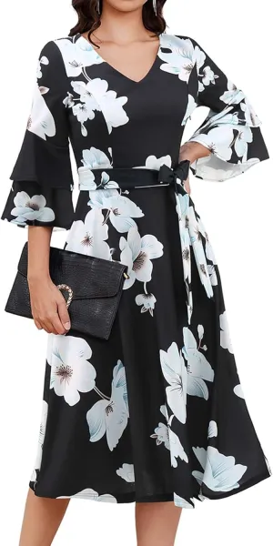 DRESSTELLS Cocktail Dress 2025, Long Bell Sleeves & V-Neck, Formal Bridesmaid Prom Dresses for Party