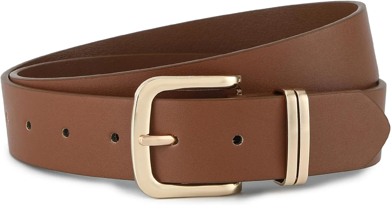Earnda Women's Leather Belts for Jeans Dresses, Gold Buckle Casual Ladies Waist Belt 1.30" Width