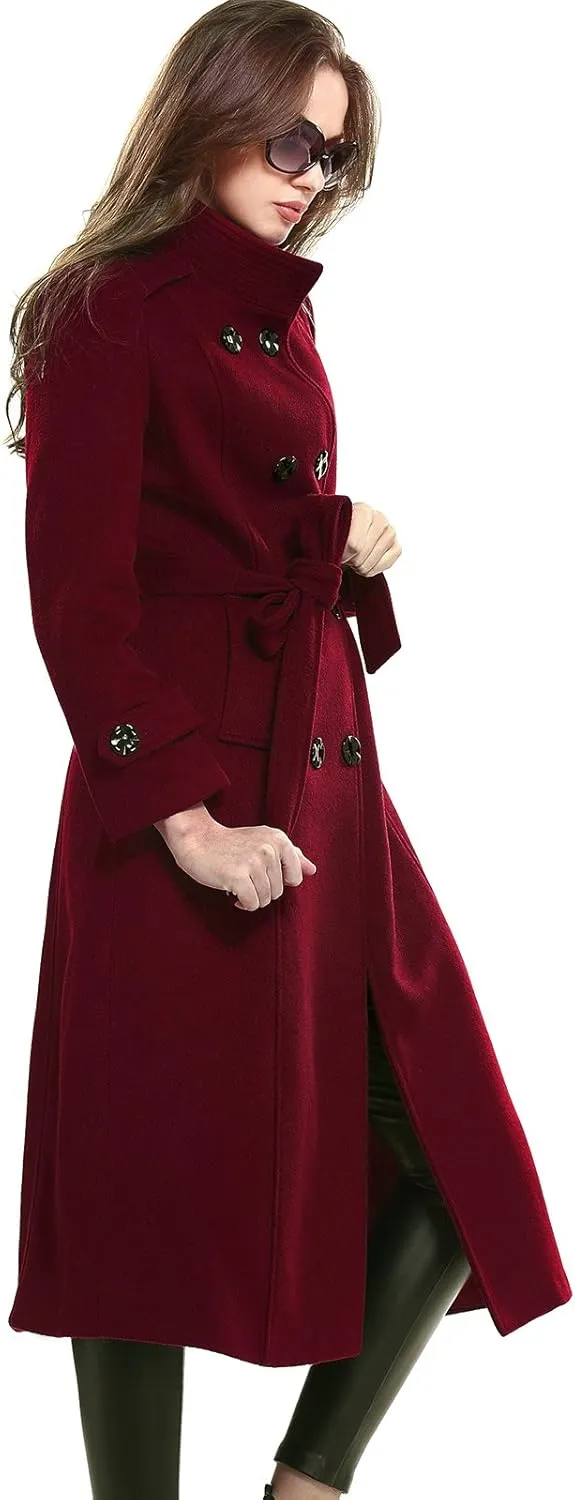 Escalier Women's Wool Trench Coat Winter Double-Breasted Jacket with Belts