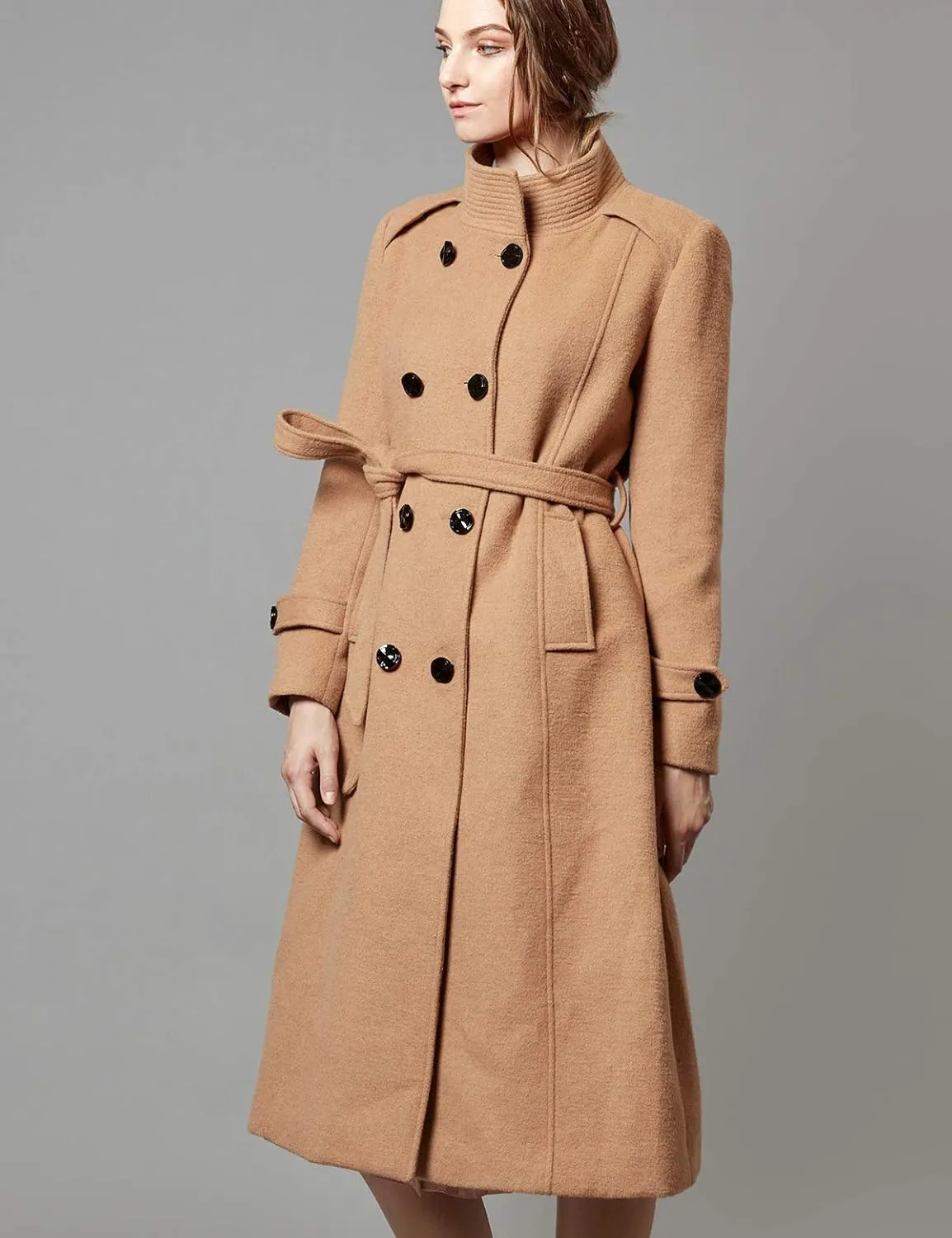 Escalier Women's Wool Trench Coat Winter Double-Breasted Jacket with Belts