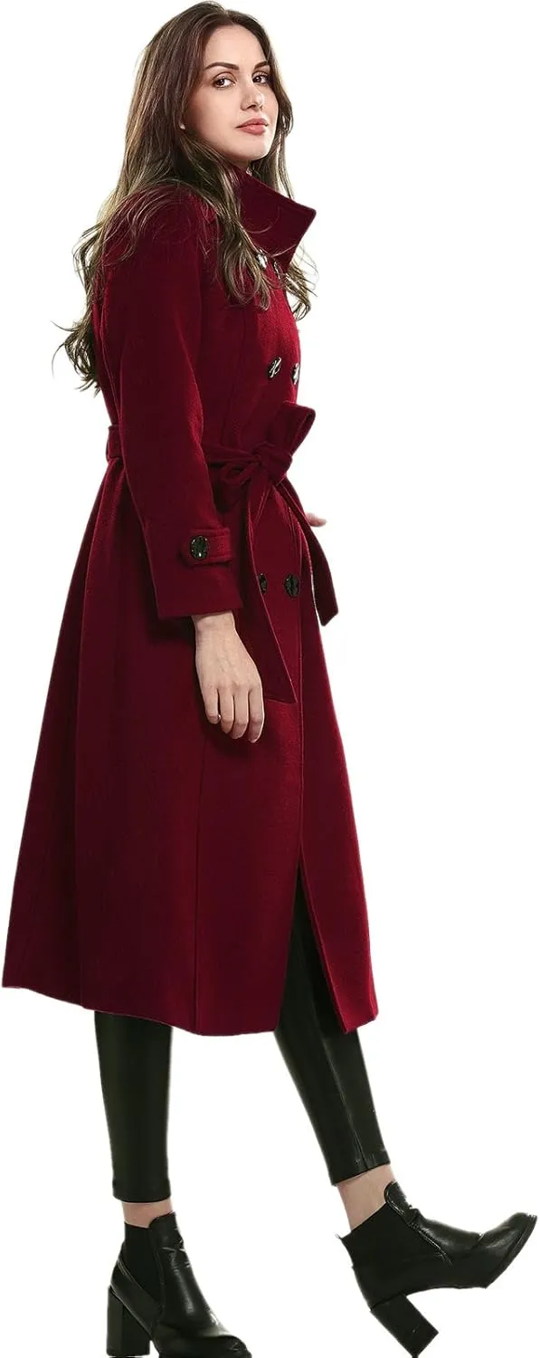 Escalier Women's Wool Trench Coat Winter Double-Breasted Jacket with Belts
