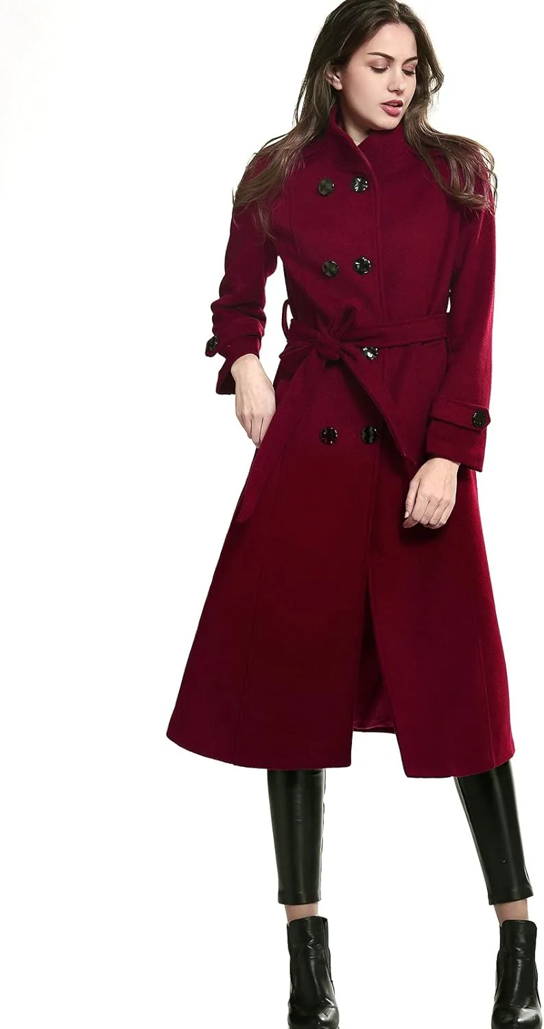 Escalier Women's Wool Trench Coat Winter Double-Breasted Jacket with Belts