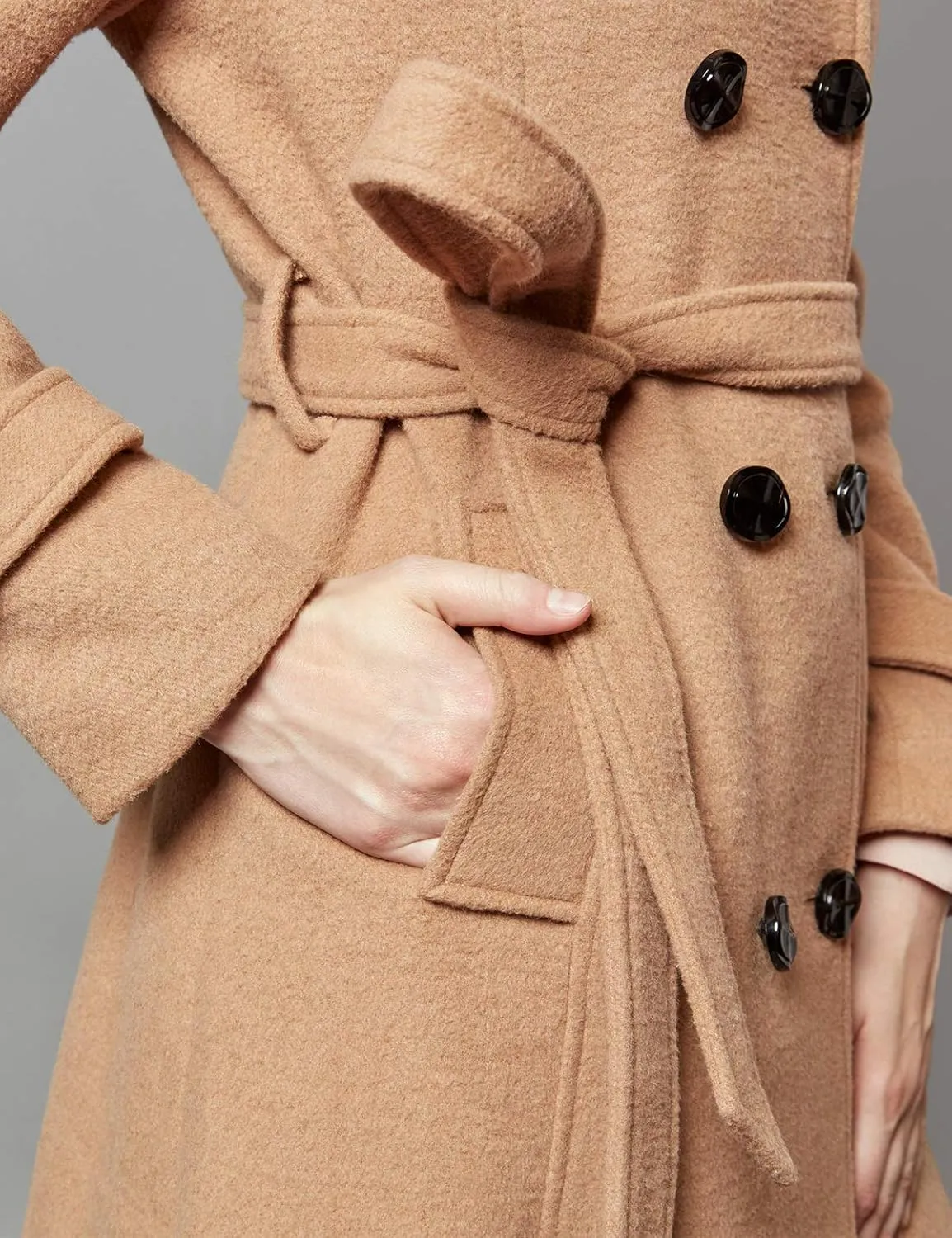 Escalier Women's Wool Trench Coat Winter Double-Breasted Jacket with Belts