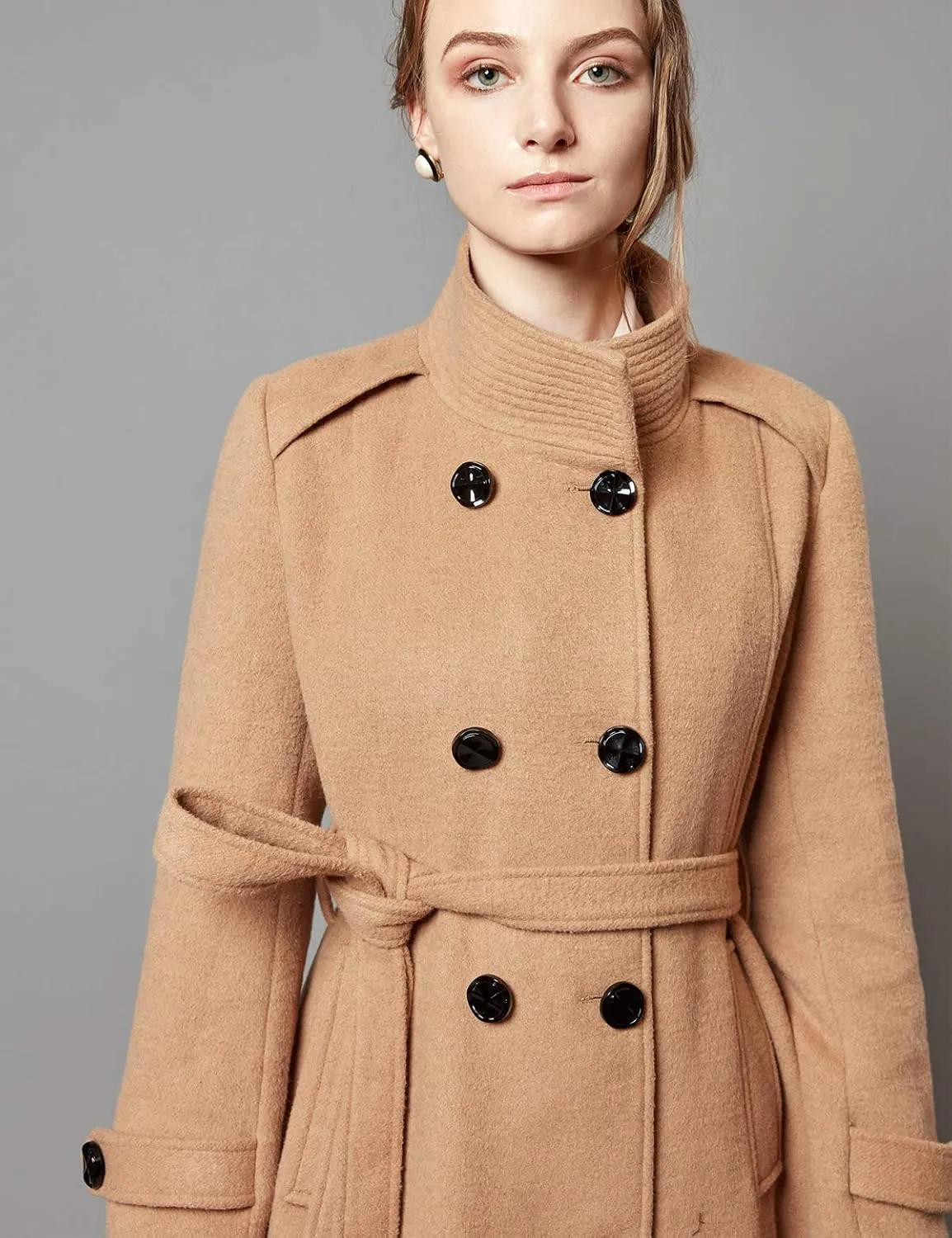 Escalier Women's Wool Trench Coat Winter Double-Breasted Jacket with Belts
