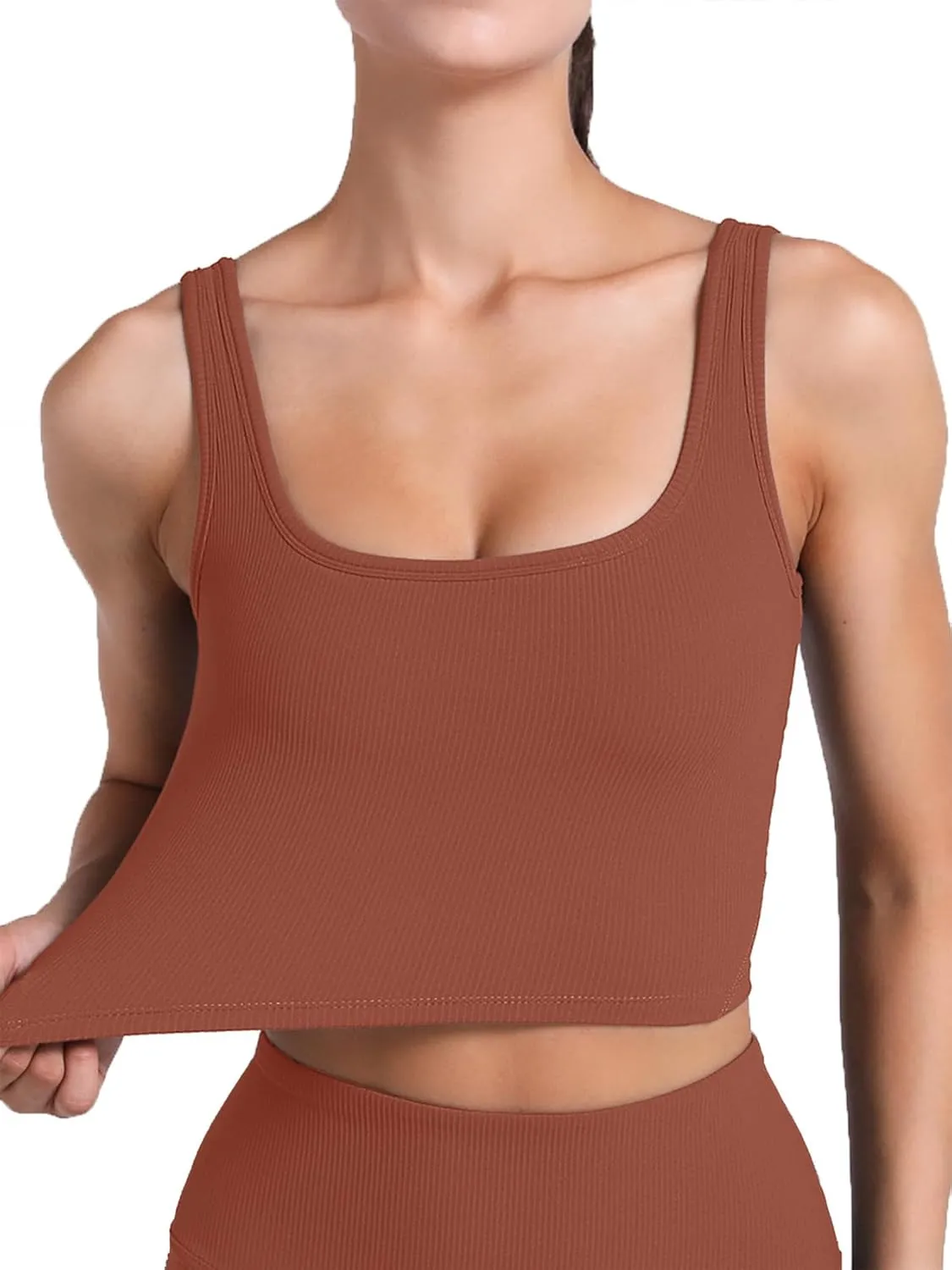 FelFory Longline Sports Bra Ribbed Tank Top for Women Medium Support Workout Tops Sport Bra Padded Crop Top Fitness Yoga
