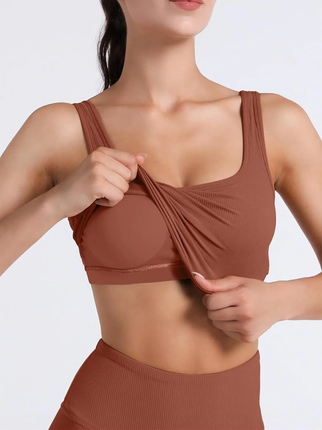 FelFory Longline Sports Bra Ribbed Tank Top for Women Medium Support Workout Tops Sport Bra Padded Crop Top Fitness Yoga