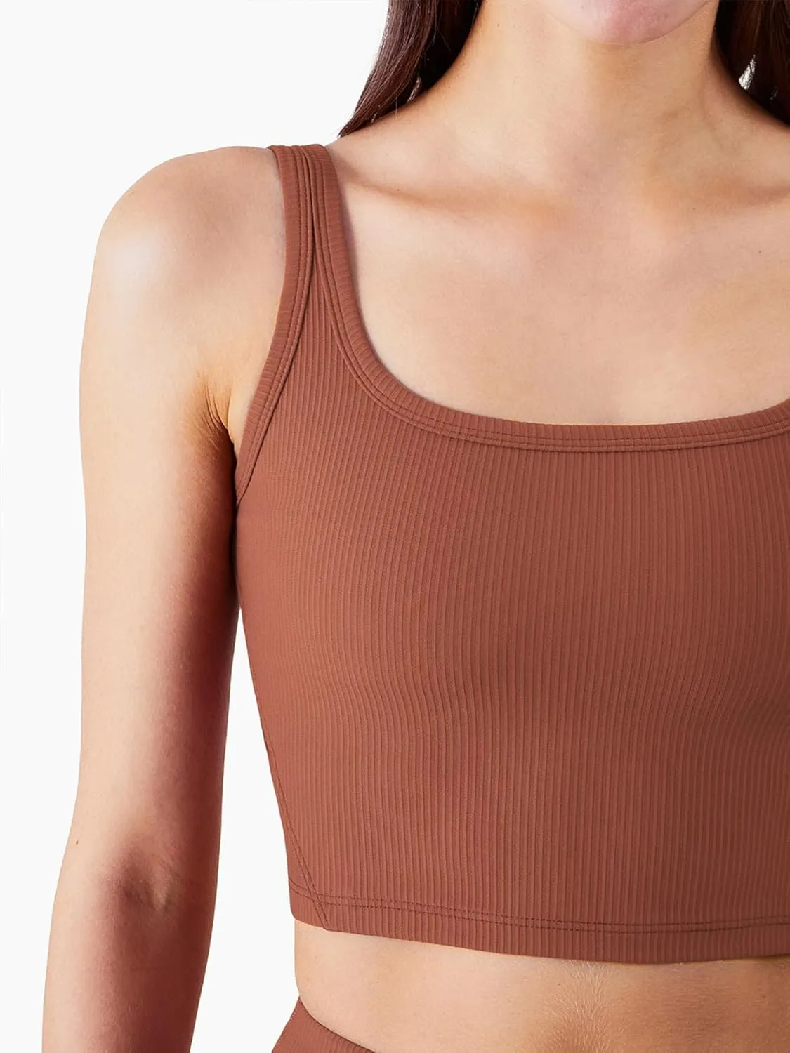 FelFory Longline Sports Bra Ribbed Tank Top for Women Medium Support Workout Tops Sport Bra Padded Crop Top Fitness Yoga