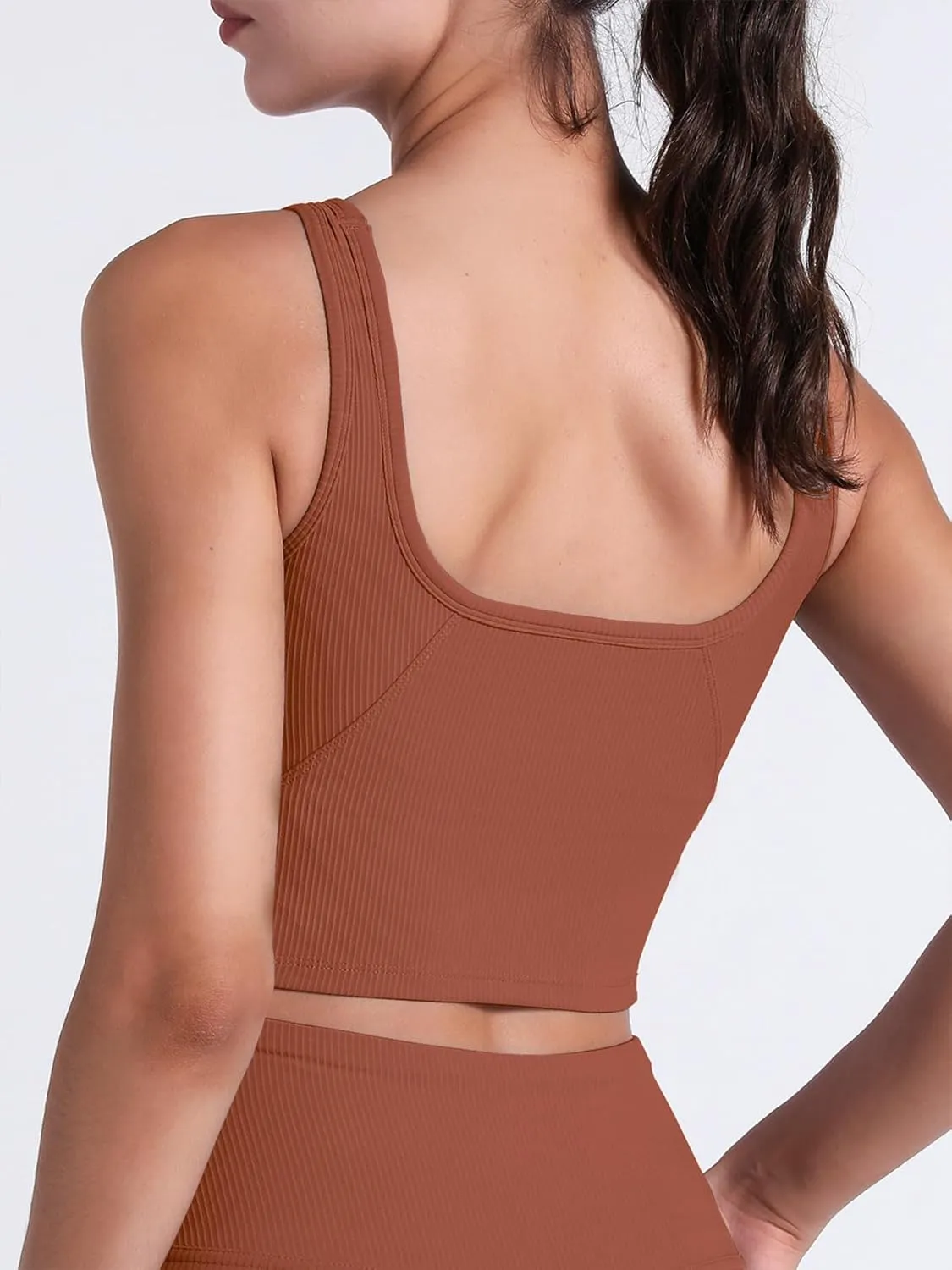 FelFory Longline Sports Bra Ribbed Tank Top for Women Medium Support Workout Tops Sport Bra Padded Crop Top Fitness Yoga
