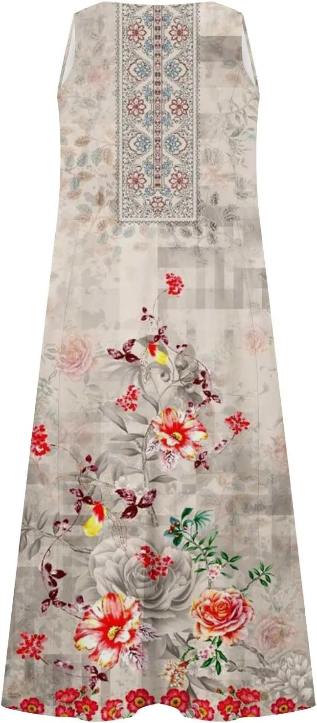 Finelylove Summer Dresses for Women 2025 Spring Boho Floral Linen Dress Sleeveless Midei Tank Dress Beach Vacation Sundress