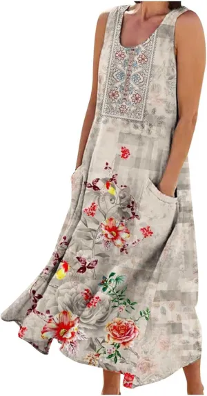 Finelylove Summer Dresses for Women 2025 Spring Boho Floral Linen Dress Sleeveless Midei Tank Dress Beach Vacation Sundress