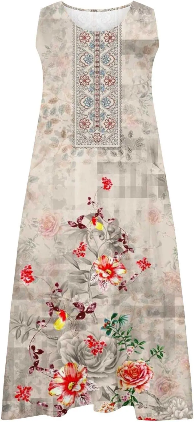 Finelylove Summer Dresses for Women 2025 Spring Boho Floral Linen Dress Sleeveless Midei Tank Dress Beach Vacation Sundress