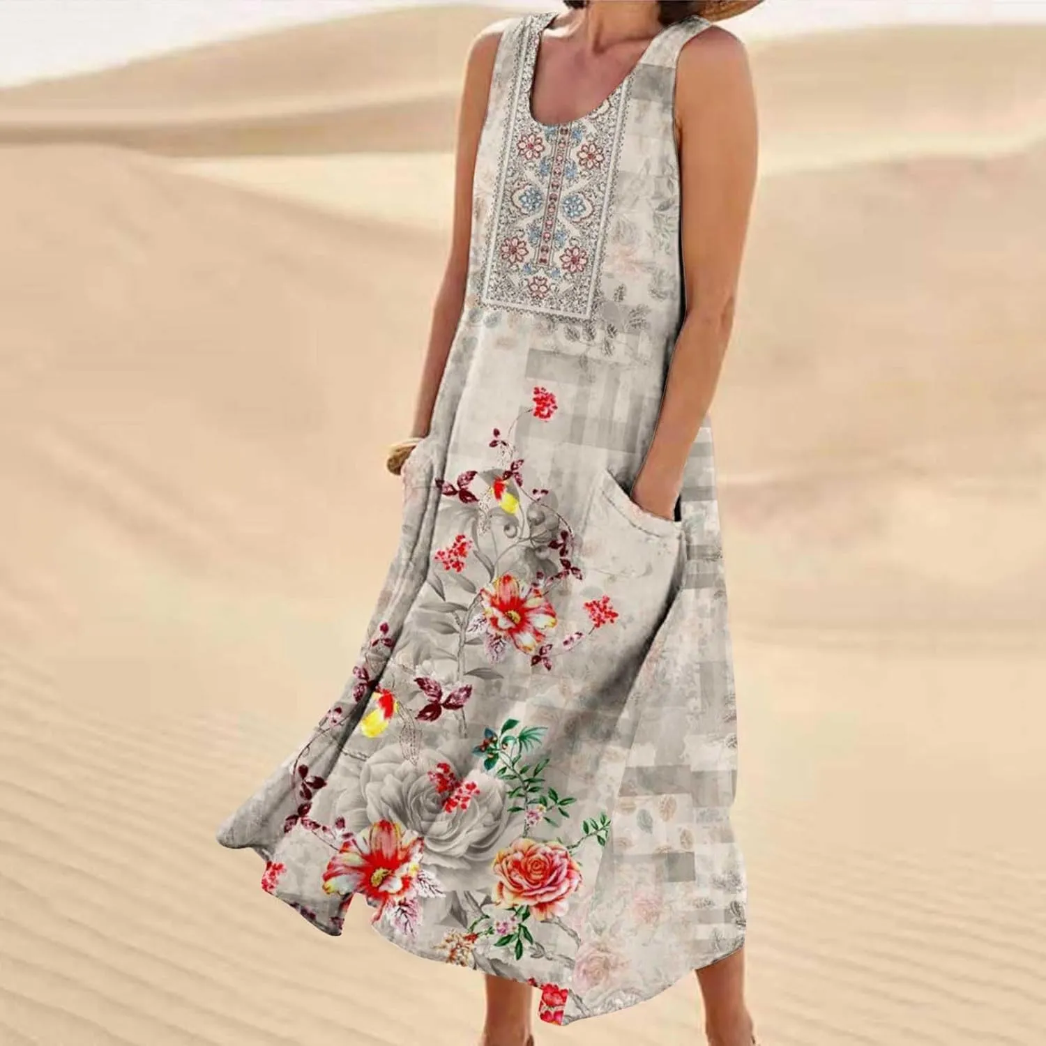 Finelylove Summer Dresses for Women 2025 Spring Boho Floral Linen Dress Sleeveless Midei Tank Dress Beach Vacation Sundress