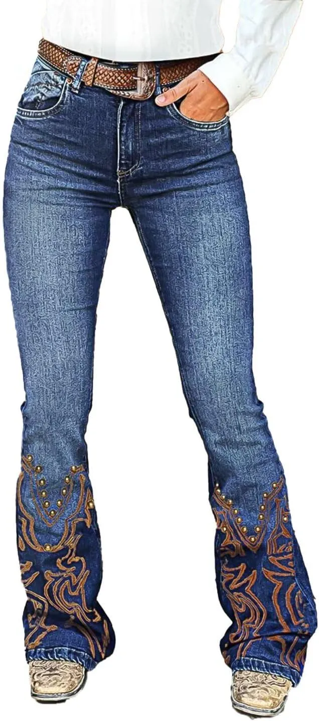 Flamingals High Waisted Bootcut Jeans for Women Stretchy Embroidered Beaded Raw Hem Vintage Flare Leg Jeans Without Belt