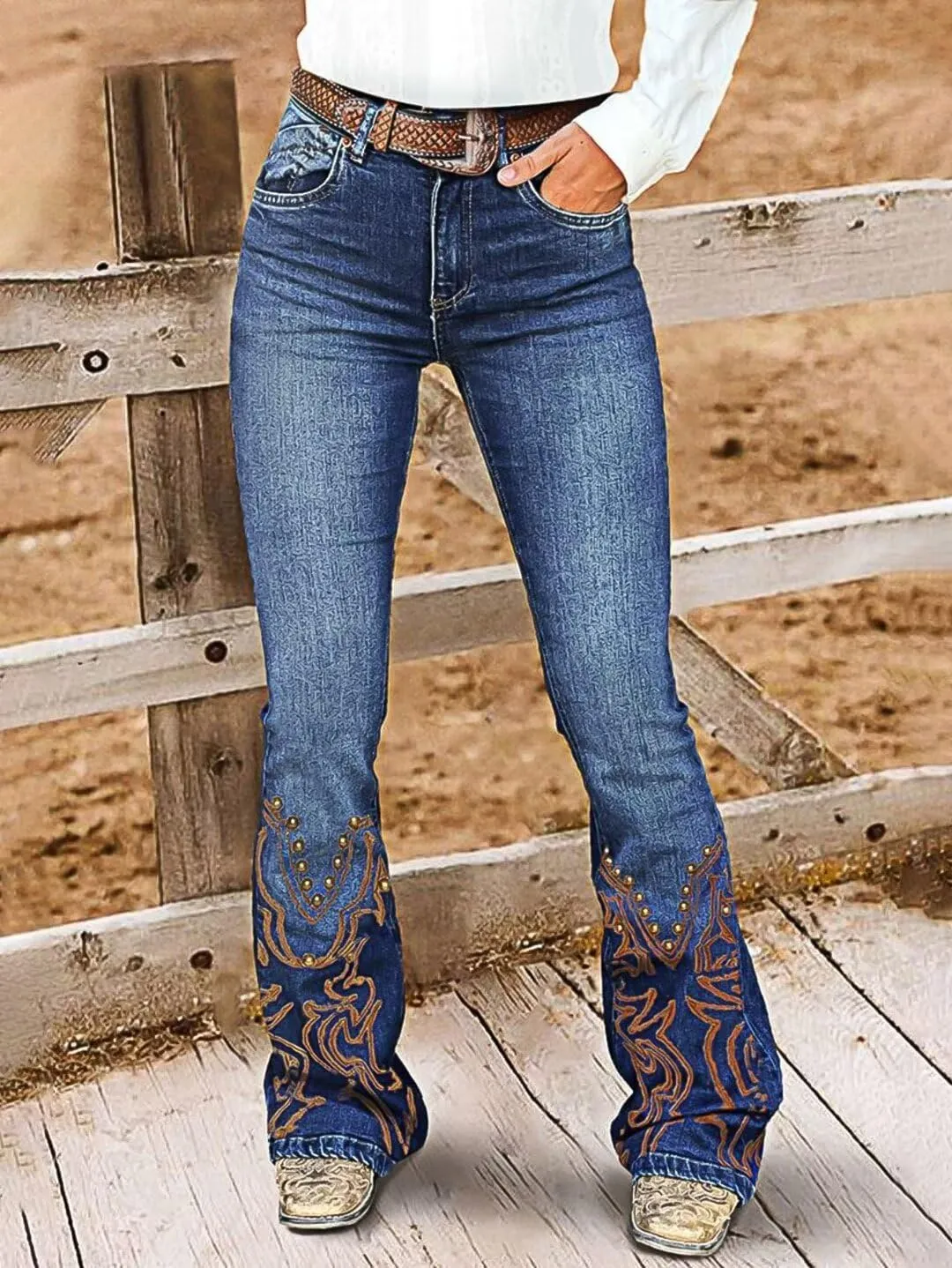 Flamingals High Waisted Bootcut Jeans for Women Stretchy Embroidered Beaded Raw Hem Vintage Flare Leg Jeans Without Belt