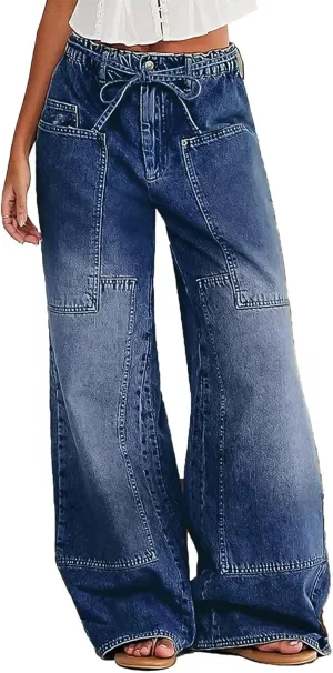 Flamingals Wide Leg Jeans for Women Drawsting Mid Waist Baggy Jeans Belted Wash Stitch Detai Trouser Jeans