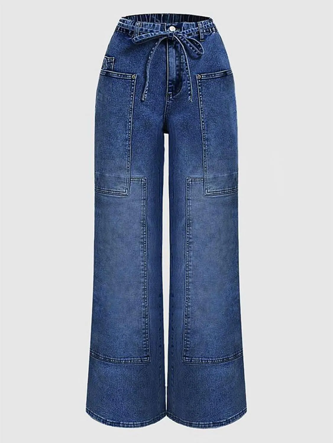 Flamingals Wide Leg Jeans for Women Drawsting Mid Waist Baggy Jeans Belted Wash Stitch Detai Trouser Jeans