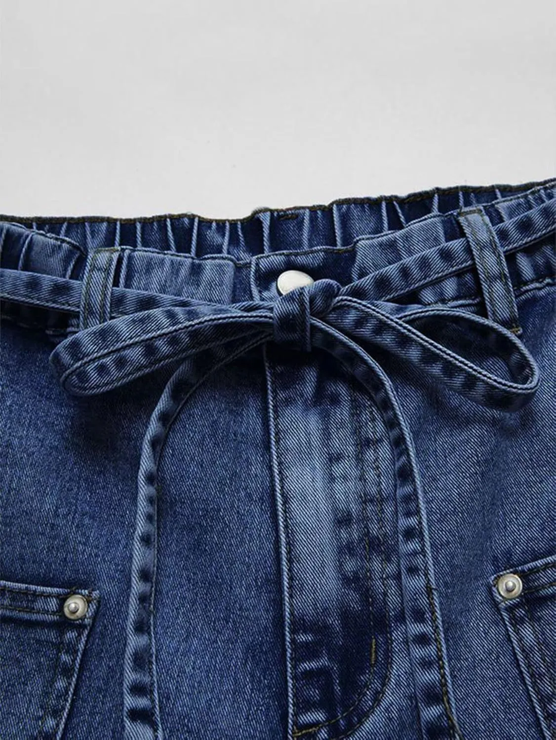 Flamingals Wide Leg Jeans for Women Drawsting Mid Waist Baggy Jeans Belted Wash Stitch Detai Trouser Jeans