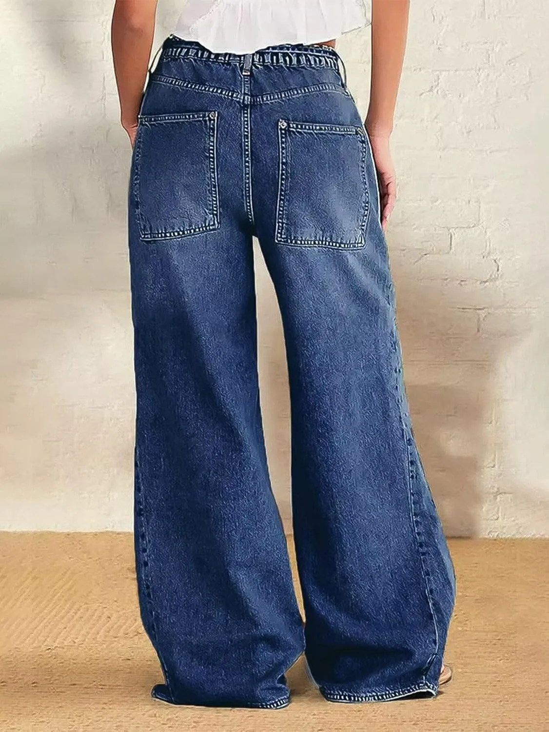 Flamingals Wide Leg Jeans for Women Drawsting Mid Waist Baggy Jeans Belted Wash Stitch Detai Trouser Jeans