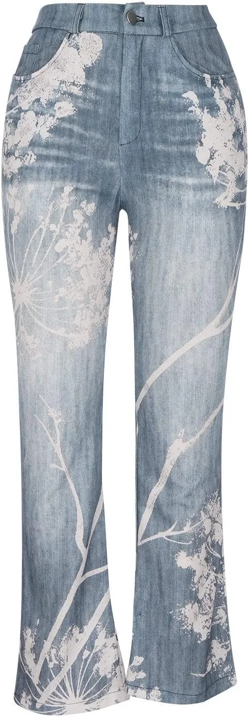 Flare Jeans for Women Fashion Print Bell Bottom Jeans Loose High Waisted Wide Leg Denim Jeans with Pockets