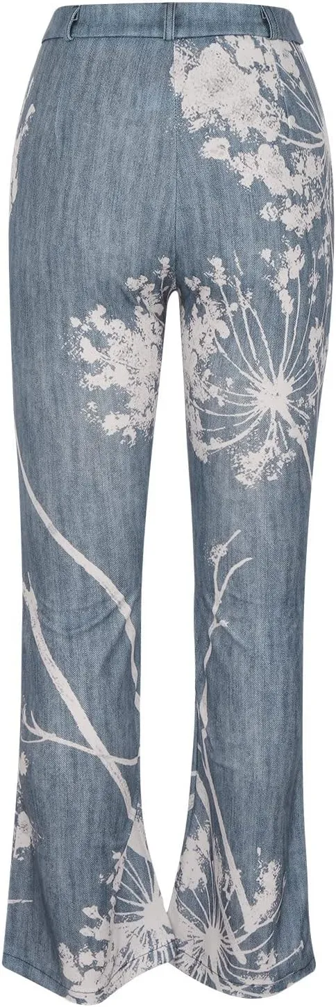 Flare Jeans for Women Fashion Print Bell Bottom Jeans Loose High Waisted Wide Leg Denim Jeans with Pockets