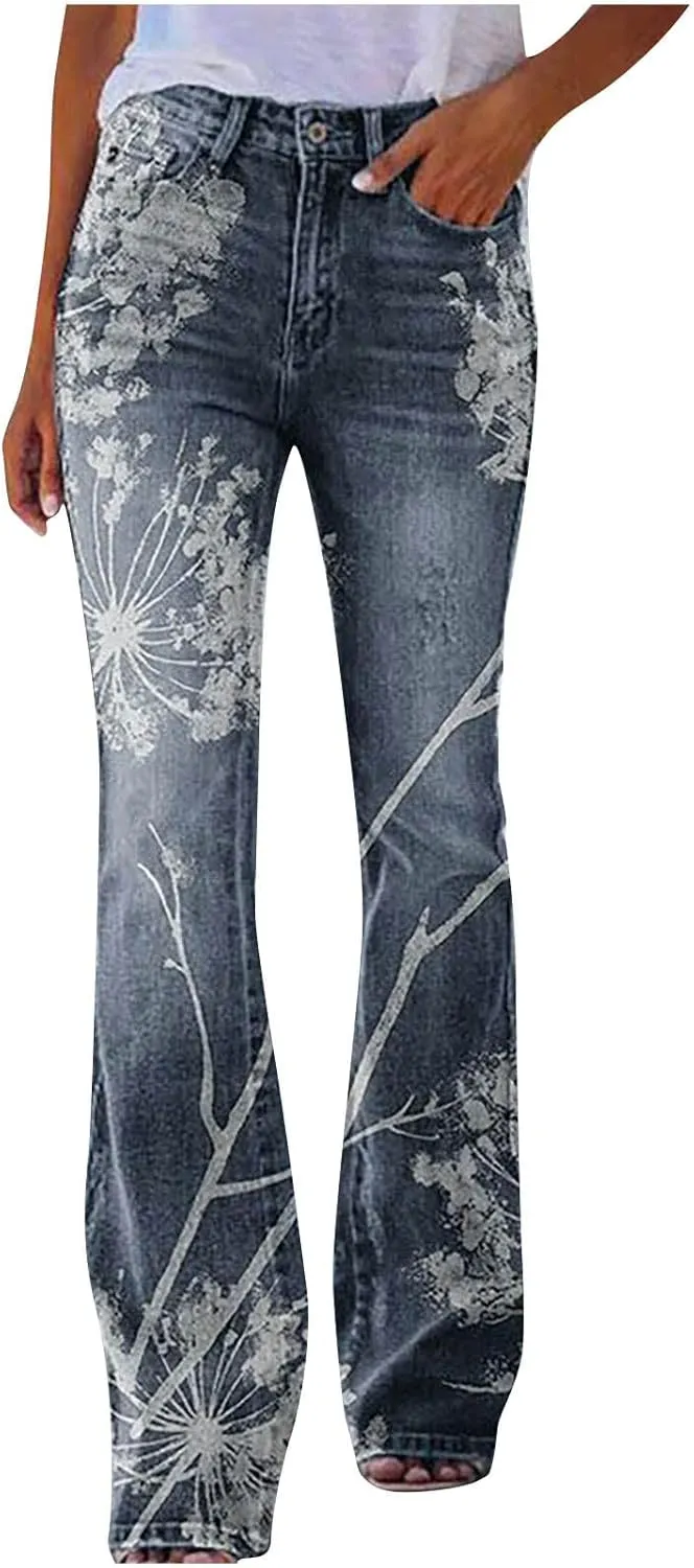 Flare Jeans for Women Fashion Print Bell Bottom Jeans Loose High Waisted Wide Leg Denim Jeans with Pockets
