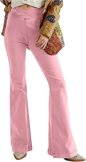 Flare Jeans for Women Solid Color High Waisted Stretch Jeans Trendy Bell Bottom Denim Pant Casual Trousers