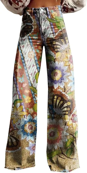 Flare Jeans for Women Wide Leg Jeans 2025 Woman Vintage Floral Print High Waisted Straight Stretch Pants with Pocket