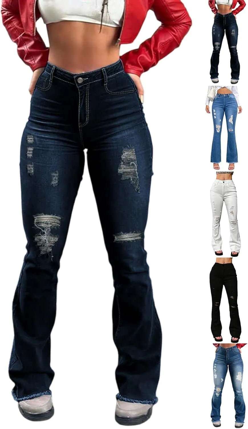 Flare Ripped Jeans Womens Bell Bottoms Distressed Jeans Skinny Bootcut Pants High Waisted Denim Pants with Pockets