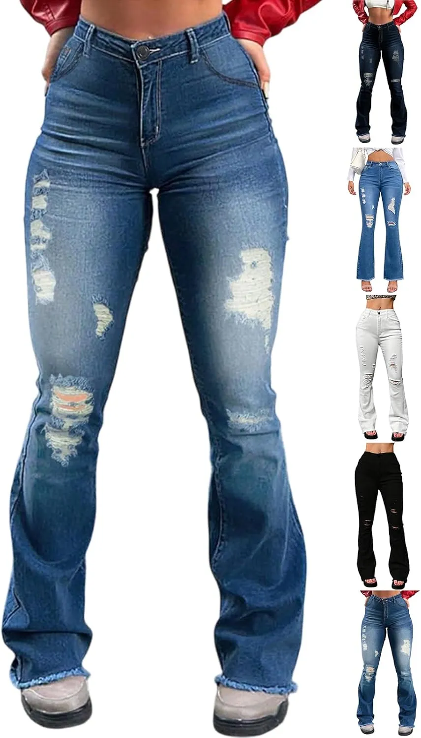 Flare Ripped Jeans Womens Bell Bottoms Distressed Jeans Skinny Bootcut Pants High Waisted Denim Pants with Pockets