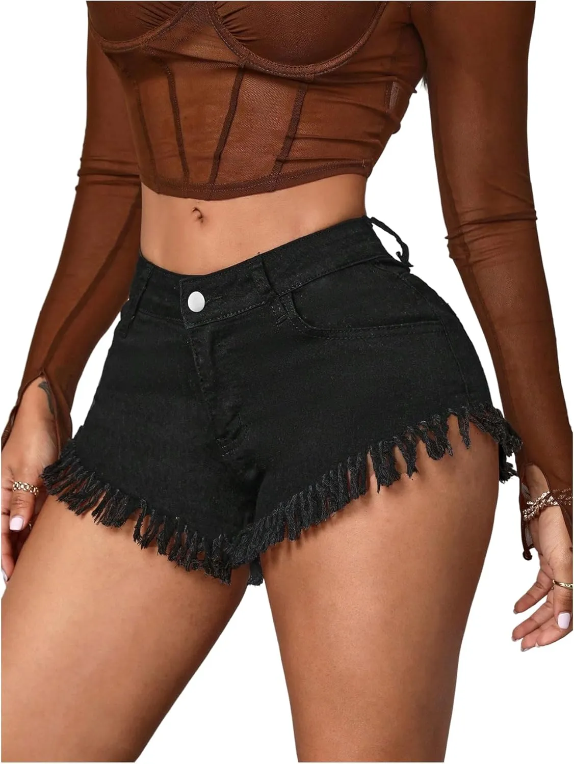 Floerns Women's Fringe Hem Mini Jean Shorts High Waisted Y2k Denim Shorts