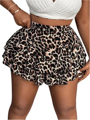Floerns Women's Plus Size Cheetah Print Mini Shorts High Waisted Bubble Hem Skorts