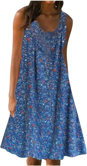 Flowy Dresses for Women Summer Tank Dress Sun Dresses Sleeveless Ruched Mini Dress Vintage Floral Dress with Pockets