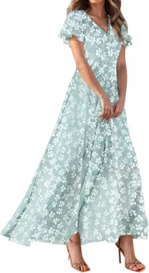 Flowy Maxi Dresses for Women Summer High Waist Dresses Chiffon Flutter Sleeve Plus Size Casual Floral Dress