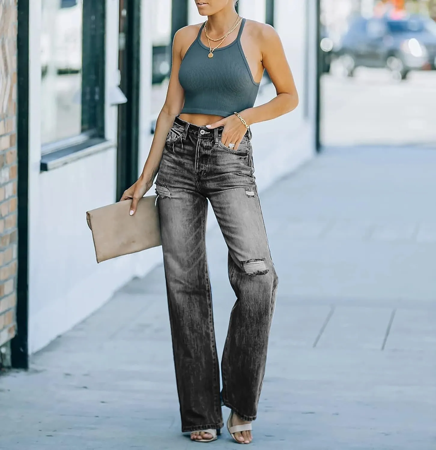 FRMUIC Women's Casual Loose Ripped Denim Pants Distressed Wide Leg Jeans Mid Waisted Flare Jeans Bell Bottom Jeans