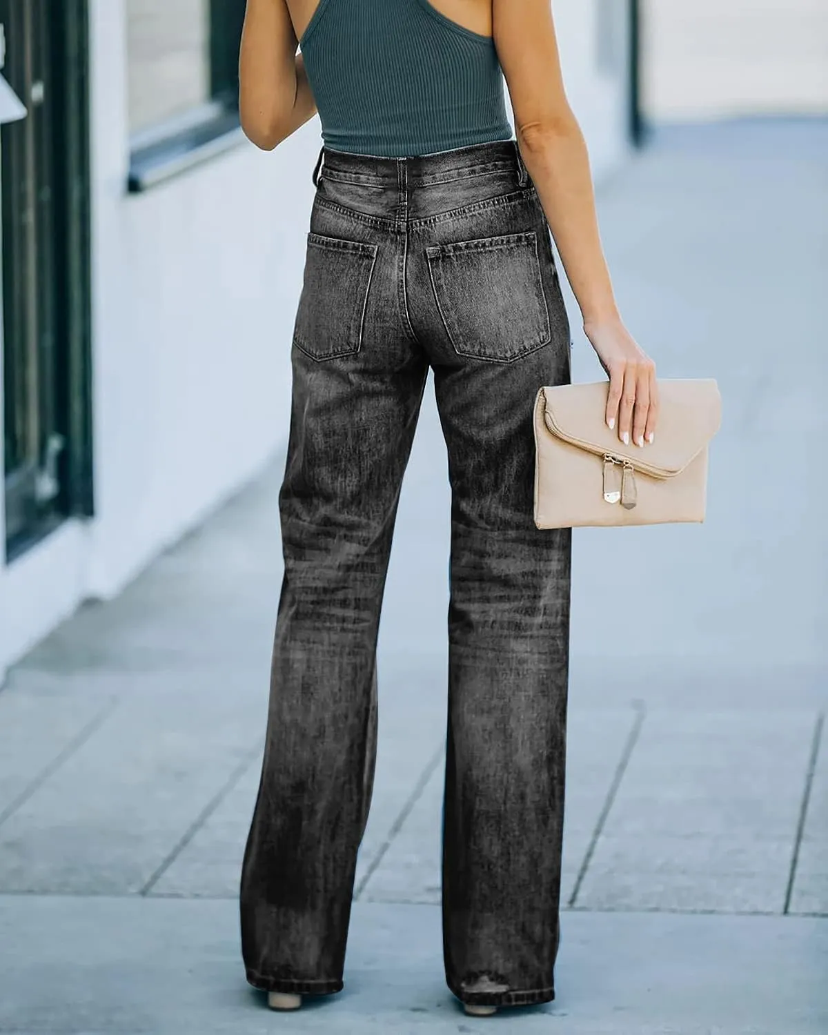FRMUIC Women's Casual Loose Ripped Denim Pants Distressed Wide Leg Jeans Mid Waisted Flare Jeans Bell Bottom Jeans