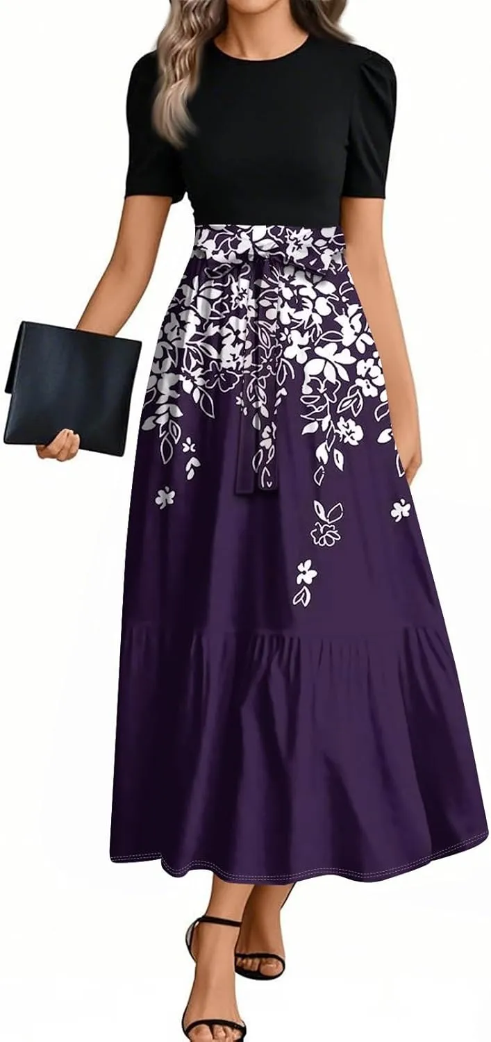 Guest Wedding Dresses for Women 2025 Summer Short Sleeve Floral Long Dress Elegant Party Cocktail A Line Flowy Maxi Dress