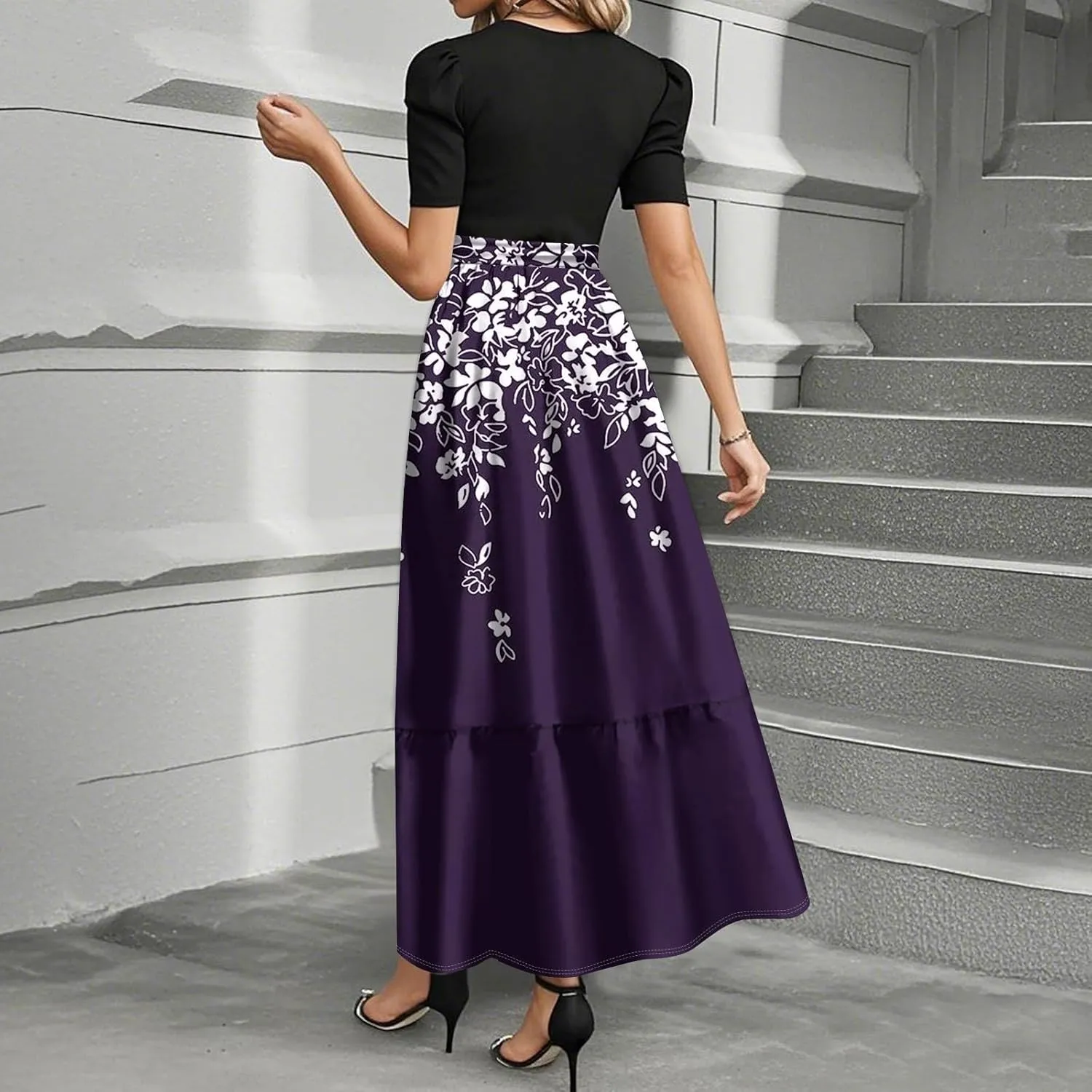 Guest Wedding Dresses for Women 2025 Summer Short Sleeve Floral Long Dress Elegant Party Cocktail A Line Flowy Maxi Dress