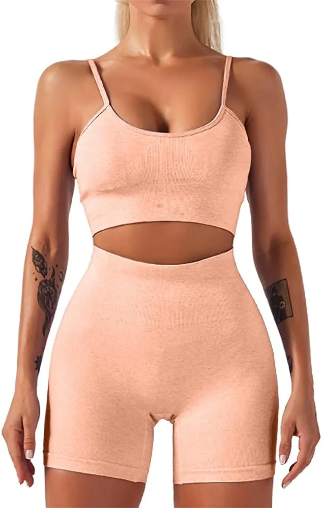 HANERDUN Yoga 2 Piece Outfit Workout Gym High Waist Leggings with Sport Bra Set for Women