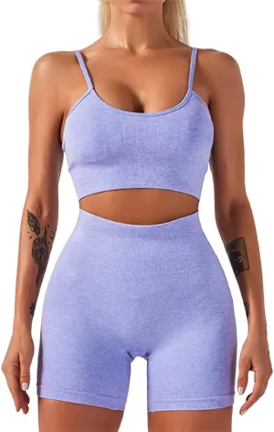HANERDUN Yoga 2 Piece Outfit Workout Gym High Waist Leggings with Sport Bra Set for Women