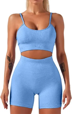 HANERDUN Yoga 2 Piece Outfit Workout Gym High Waist Leggings with Sport Bra Set for Women